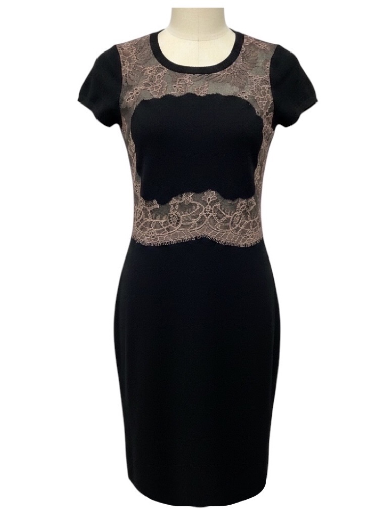 Valentino Black / Blush Pink Floral Mesh Tulle Lace Trimmed Short Sleeved Wool K